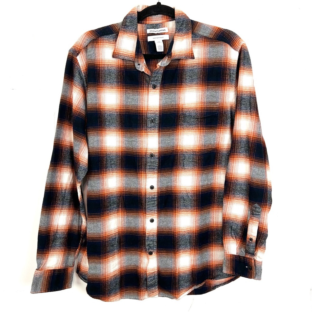 Amazon Essentials Flannel Button Down Shirt Orange Navy Plaid Mens Large